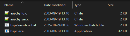 Folder view showing aascfg_lg.c, aascfg_sm.c, bsp2aas-rtcw.bat, and bspc.exe